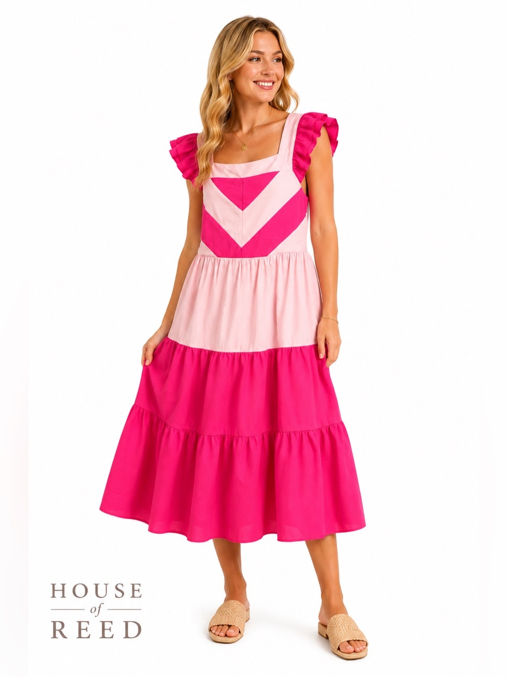 Entro Pink Tiered Dress Women’s Size L Ruffle Sleeve Smocked Back Summer Dress